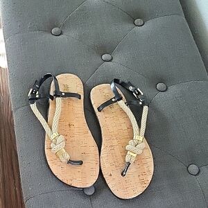 Black Leather Thong Sandals with Cork Sole and Adjustable Buckle